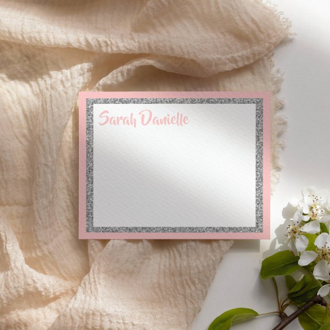 Cartão De Agradecimento Glittery Pink and Silver Obrigado Flat Card (Criador carregado)