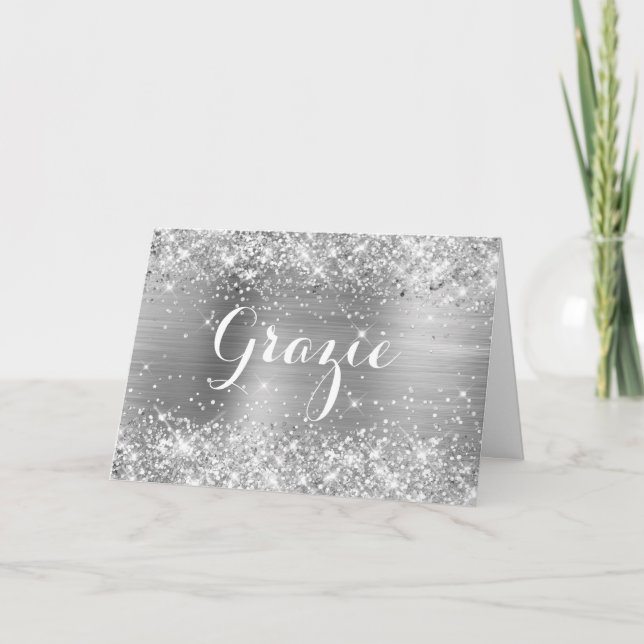 Cartão De Agradecimento Glittery Silver Foil Clássico Script Grazie (Frente)