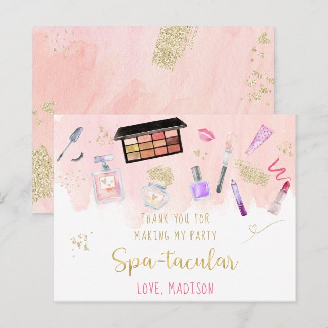 Cartão De Agradecimento Glitz e Glam Pink Dourado Spa Aniversário (Frente/Verso)