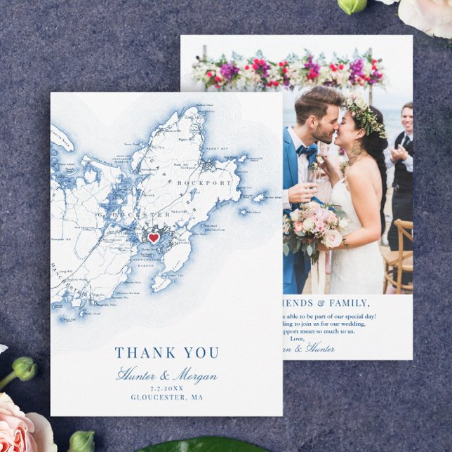 Cartão De Agradecimento Gloucester Cape Ann MÃES Wedding Flat (These Gloucester, MA map thank you cards are perfect for your Cape Ann destination wedding)