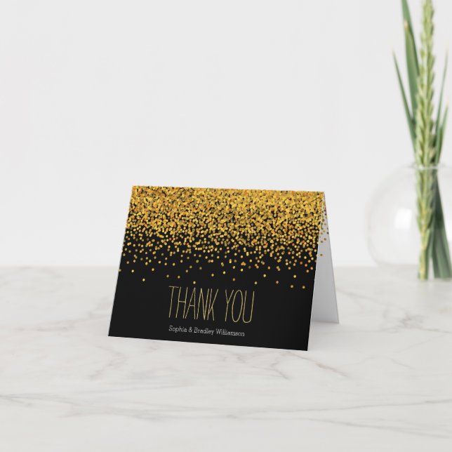 Cartão De Agradecimento Gold and Black Glam Confetti Dots Thank you (Frente)