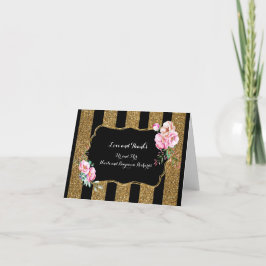 Cartão De Agradecimento Gold and Black Stripes Floral Wedding Thank You