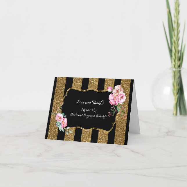 Cartão De Agradecimento Gold and Black Stripes Floral Wedding Thank You (Frente)