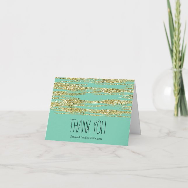 Cartão De Agradecimento Gold and Mint Glitter Stripes Thank you (Frente)