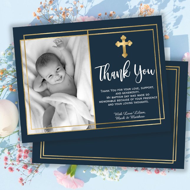 Cartão De Agradecimento Gold and Navy Blue Baptism Photo Thank You Cards (Criador carregado)
