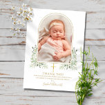 Cartão De Agradecimento Gold Baptism Christening Greenery Arch Photo<br><div class="desc">Gold signature baptism christening photo thank you card. Personalize with your photo and special baptism,  christening thank you message in chic gold lettering on this modern elegant design featuring an elegant gold arch and watercolor greenery foliage. Designed by Thisisnotme©</div>