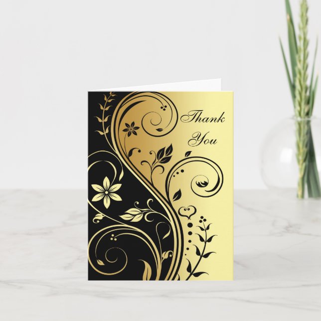 Cartão de Agradecimento Gold & Black Floral Scroll (Frente)