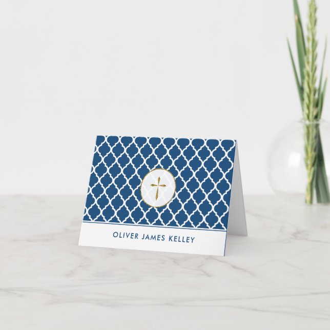 Cartão De Agradecimento Gold Cross Religious Thank You, Navy Quatrefoil (Frente)
