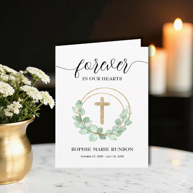 Cartão De Agradecimento Gold Cross Sympathy Funeral Memorial Eucalyptus (Gold cross and eucalyptus wreath sympathy funeral memorial Forever in our Hearts folded thank yous)