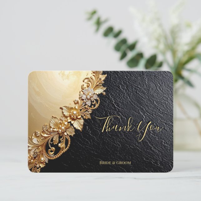 Cartão De Agradecimento Gold Floral Embellishments Thank You Card (Em pé/Frente)