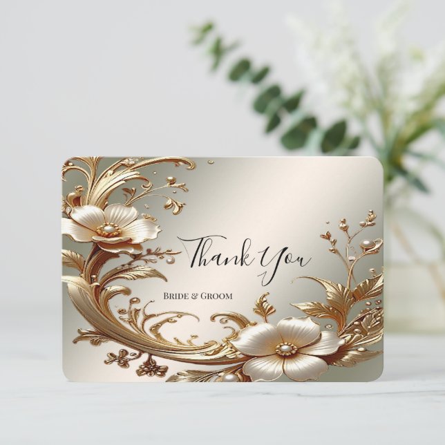 Cartão De Agradecimento Gold Floral Thank You Card (Em pé/Frente)