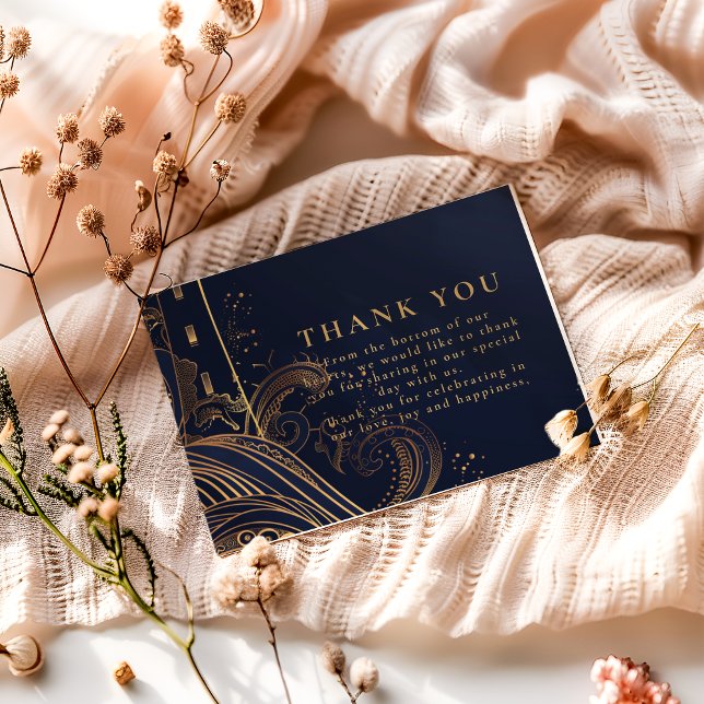 Cartão De Agradecimento Gold Lighthouse Night Wedding (Criador carregado)