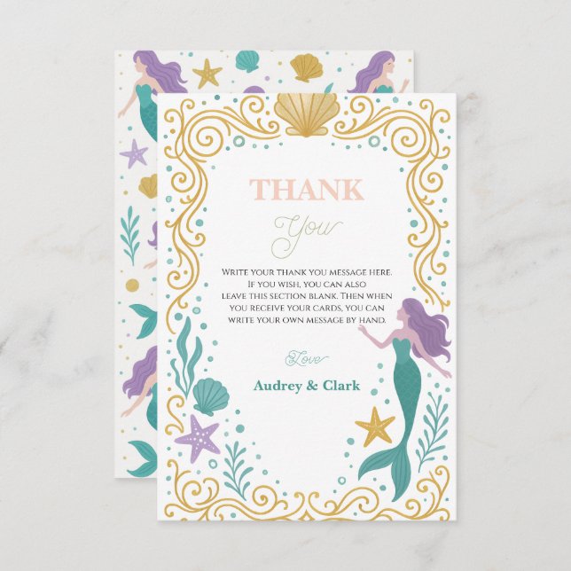 Cartão De Agradecimento Gold Little Mermaid 10th Birthday Under the sea (Frente/Verso)