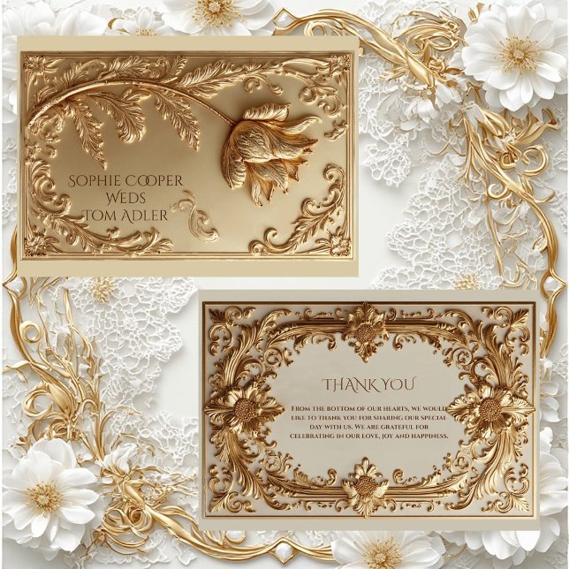 Cartão De Agradecimento Gold Ornate Baroque Grandeur Floral Motif Wedding  (Gold Ornate Baroque Grandeur Floral Motif Wedding Thank You Card)