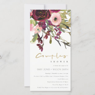 CARTÃO DE AGRADECIMENTO GOLD PINK BURGUNDY ROSE FLORA COUPLE SHOWER INVITE