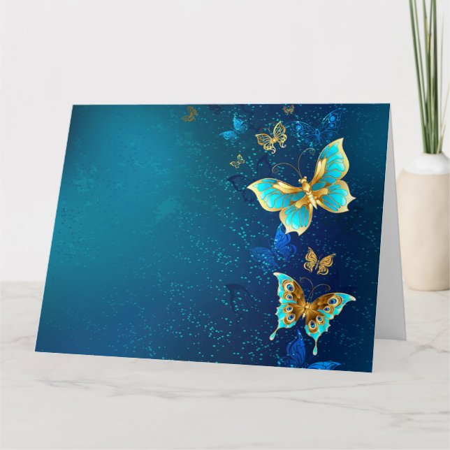 Cartão De Agradecimento Golden Butterflies on a Blue Background (Frente)