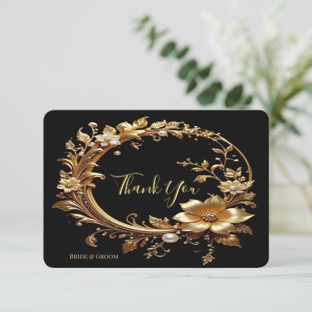 Cartão De Agradecimento Golden Floral Ornate Frame Thank You Card (Em pé/Frente)