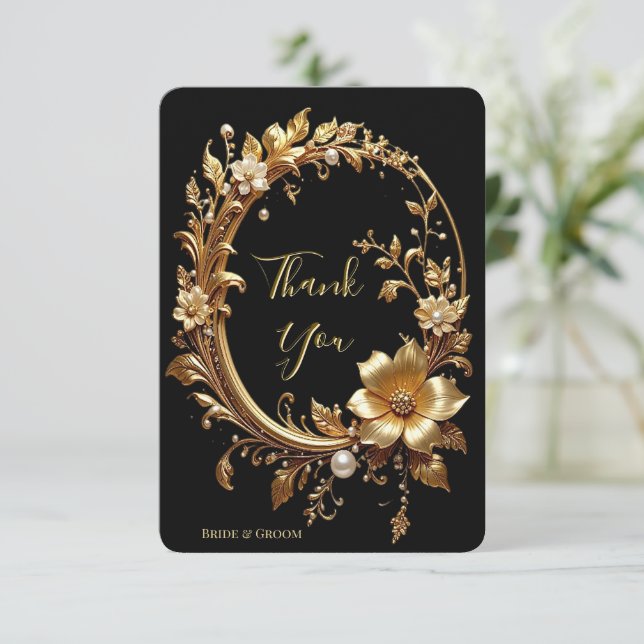 Cartão De Agradecimento Golden Floral Ornate Frame Thank You Card (Em pé/Frente)