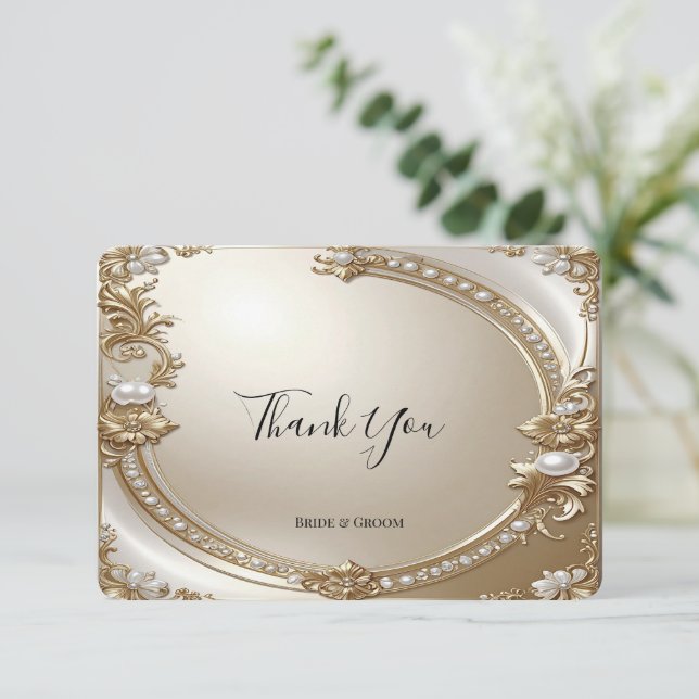 Cartão De Agradecimento Golden Ornate Frame with Pearls Thank You Card (Em pé/Frente)