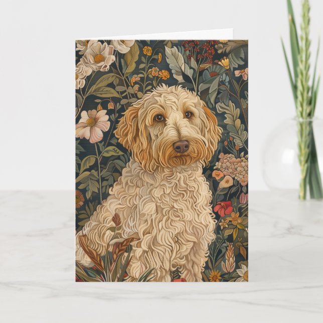 Cartão De Agradecimento Goldendoodle William Morris Style Floral Obrigado (Frente)