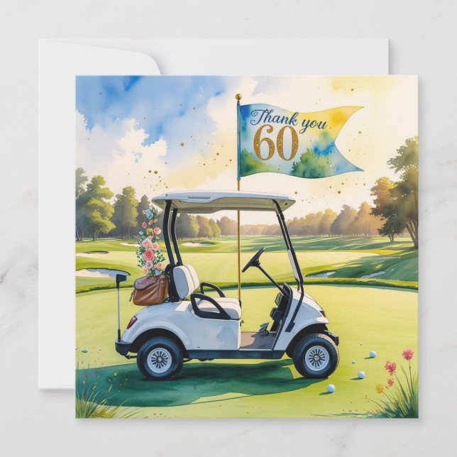 Cartão De Agradecimento Golf 60º aniversário com carrinho de golfe em verd (Frente)