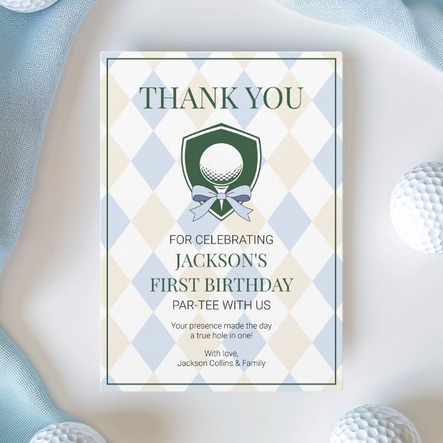 Cartão De Agradecimento Golf Azul Moderno Buraco em Um Meninos 1º Aniversá (Blue Golf Modern Hole In One Boys 1st Birthday Thank You Card)