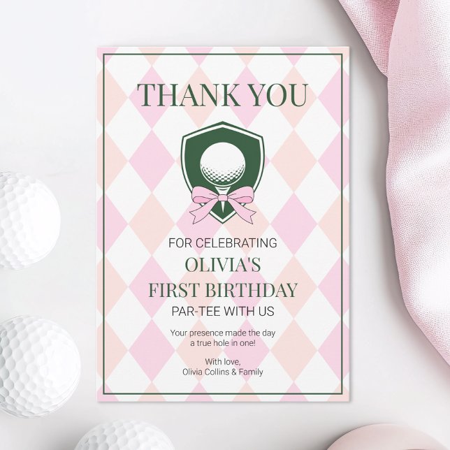 Cartão De Agradecimento Golf Rosa Moderno Buraco em Um Meninas Aniversário (Pink Golf Modern Hole In One Girls 1st Birthday Thank You Card)