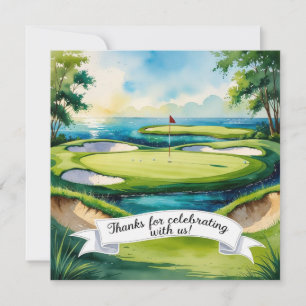 Cartão De Agradecimento Golfe com texto no estilo aquarela do campo de gol