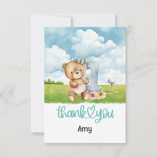 Cartão De Agradecimento Golfe do Urso de Teddy primeiro aniversario de Gol (Frente)