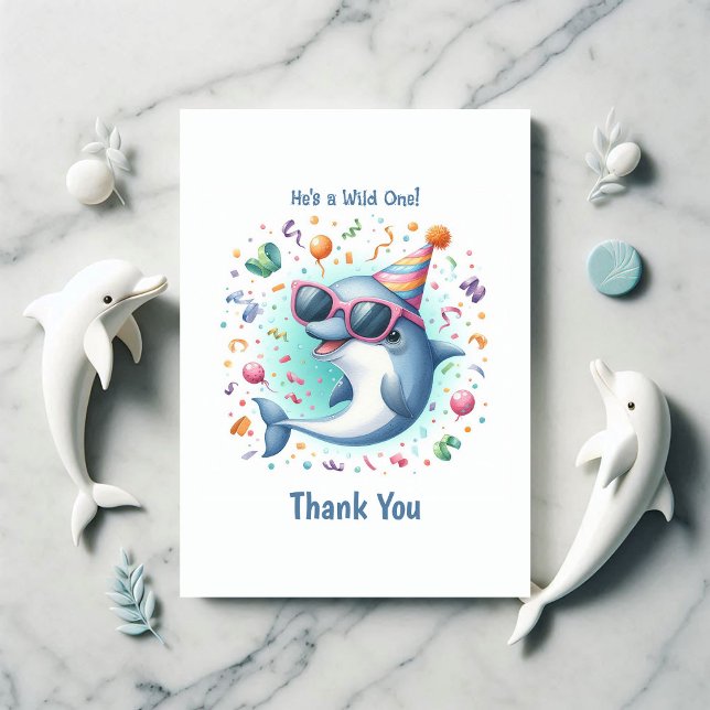 Cartão De Agradecimento Golfinho Selvagem de Um primeiro aniversario (Wild One 1st Birthday Dolphin Themed Thank You Card)