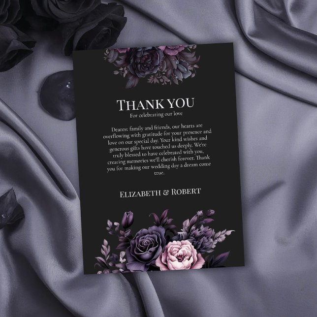 Cartão De Agradecimento Gothic Black Floral Wedding Thank You Card (Gothic Black Floral Wedding Thank You Card on a gothic wedding table with black roses)