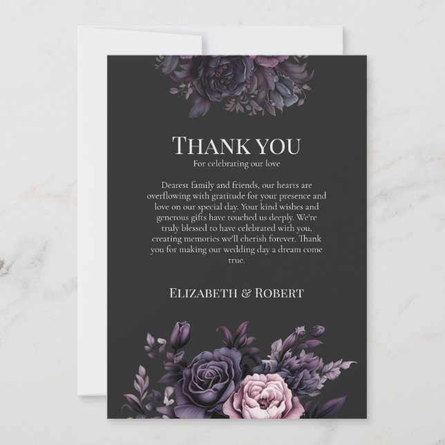 Cartão De Agradecimento Gothic Black Floral Wedding Thank You Card (Frente)
