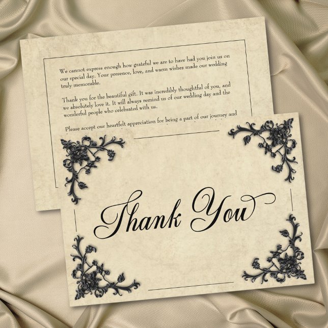 Cartão De Agradecimento Gothic Black Tan Parchment Filigree Heart Wedding (Gothic Black Tan Parchment Filigree Heart Wedding Thank You Card)