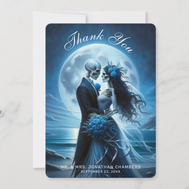 Cartão De Agradecimento Gothic Blue Skeleton Couple Wedding Thank You (Frente)