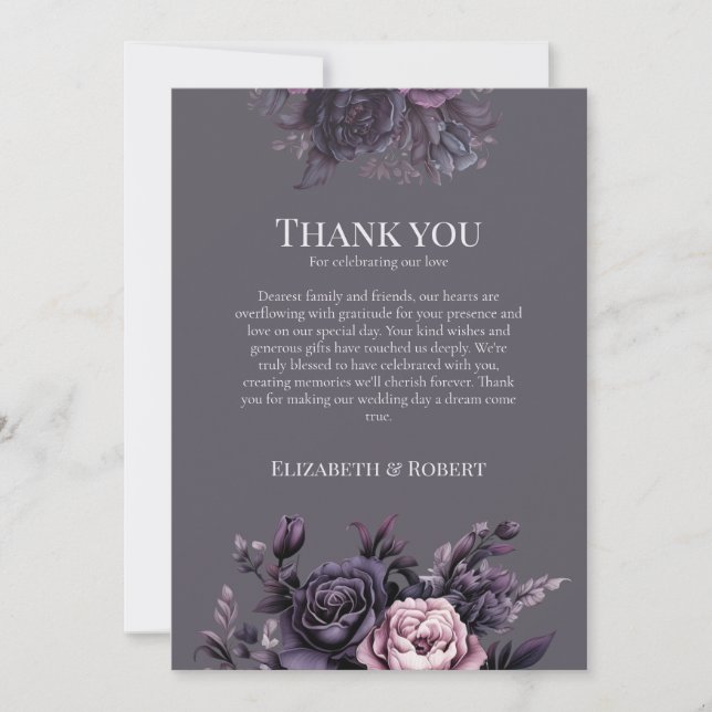Cartão De Agradecimento Gothic Plum Floral Wedding Thank You Card (Frente)