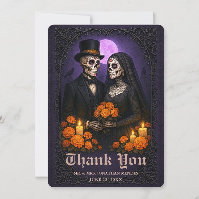 Cartão De Agradecimento Gothic Skull Candy Couple Wedding Thank You (Frente)