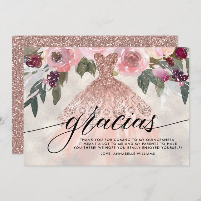 Cartão De Agradecimento Gracias Rosa Dourada Glitter Floral Quinceañera (Frente/Verso)