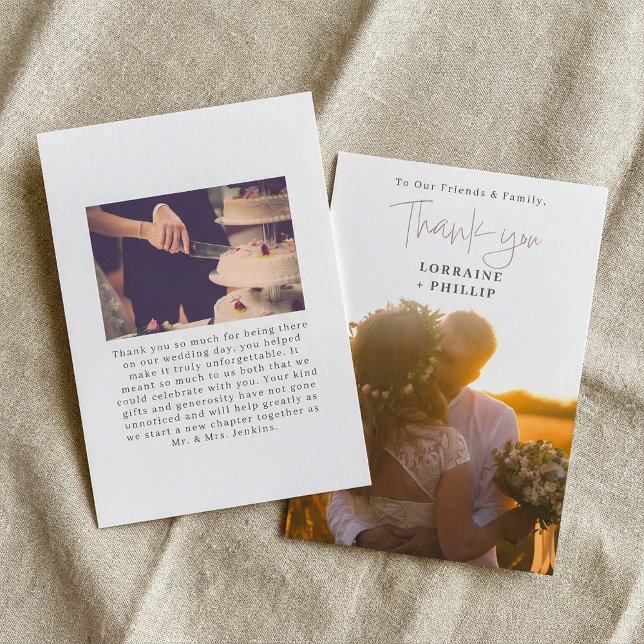 Cartão De Agradecimento Gradiente de foto e casamento romântico de script (Photo gradient and script romantic wedding thank you card.)