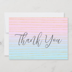 Cartão De Agradecimento Gradiente de Pastel Azul Rosa com Linhas Douradas