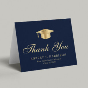 Cartão De Agradecimento Graduação Azul do Boné de Formando Dourado Elegant