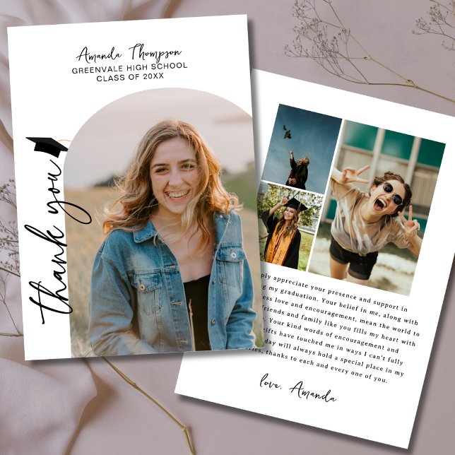 Cartão De Agradecimento Graduação Branca Preta de Colagem de Fotos Moderna (Criador carregado)