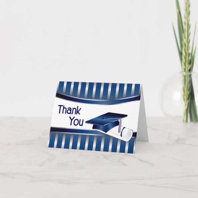 Cartão De Agradecimento Graduação com distribuição de prata e azul Obrigad (Frente)