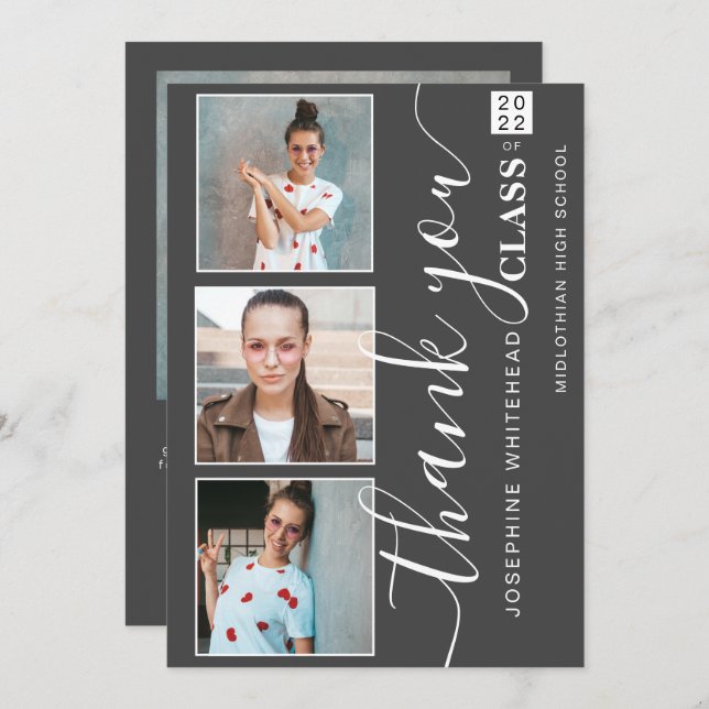 Cartão De Agradecimento Graduação da Colagem de Fotos Obrigado Cinza Escur (Frente/Verso)