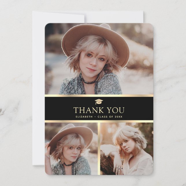 Cartão De Agradecimento Graduação de 4 Fotos Elegante Preta e Dourada (Frente)