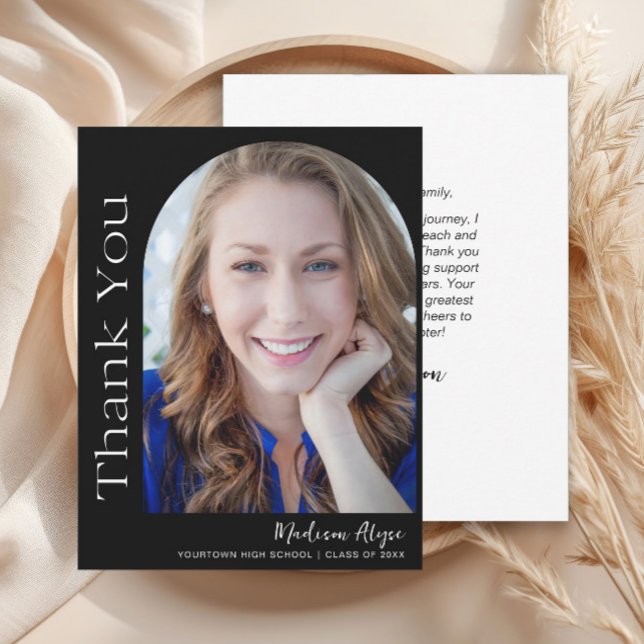 Cartão De Agradecimento Graduação de Arco Fotográfico Moderno Personalizad (Modern black photo arch graduation thank you card)