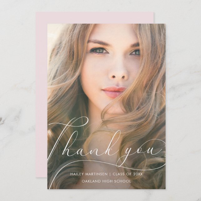Cartão De Agradecimento Graduação de Blush de Script Elegante - Foto de Ob (Frente/Verso)