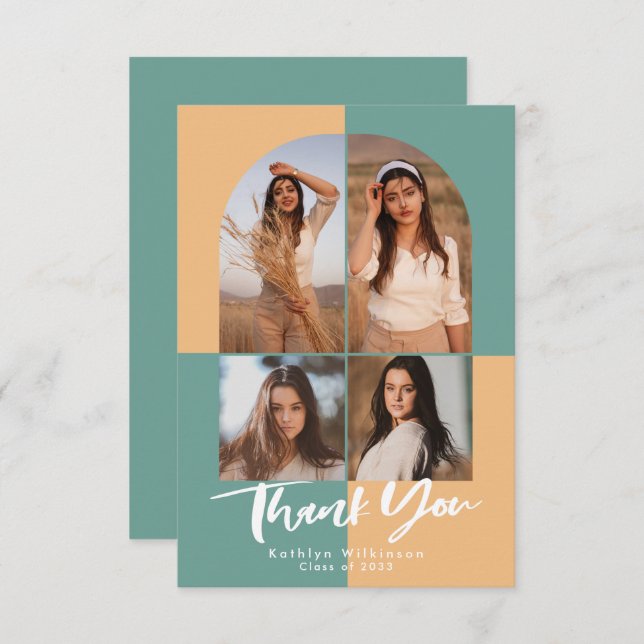Cartão De Agradecimento Graduação de Foto Amarelo 4 Verde em Arco Moderno (Frente/Verso)