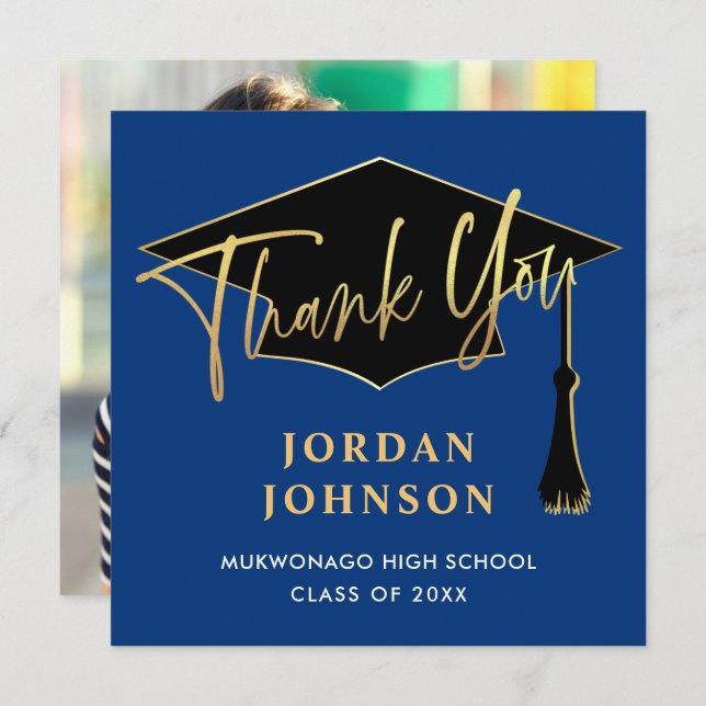 Cartão De Agradecimento Graduação de FOTO Azul do Marinho Simples Moderno (Frente/Verso)