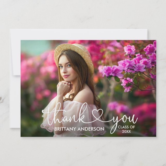 Cartão De Agradecimento Graduação de Foto Coração de Script de Caligrafia  (Frente)