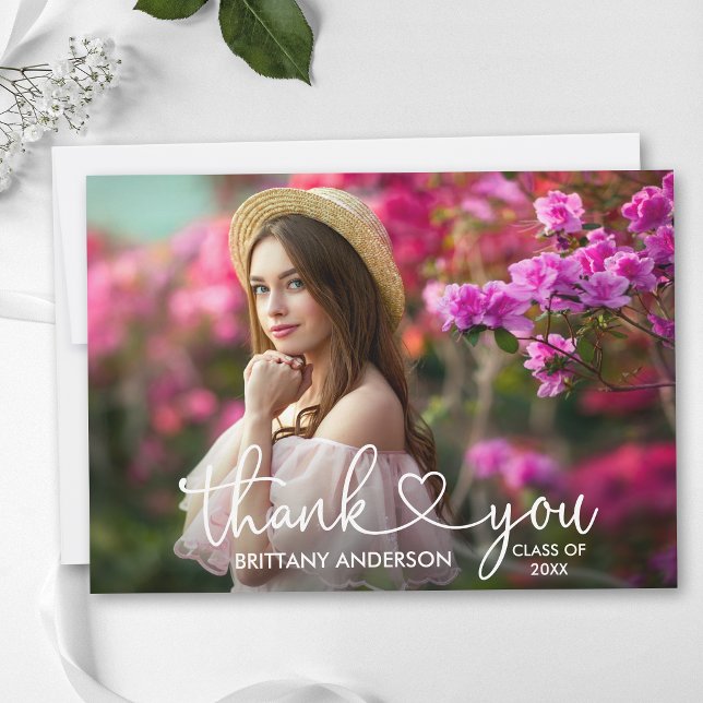 Cartão De Agradecimento Graduação de Foto Coração de Script de Caligrafia  (Customize to add text to back of card.)